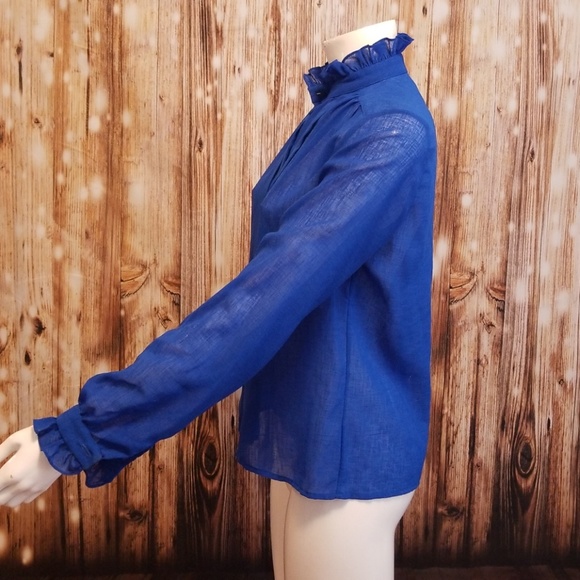 {vintage} royal blue high neck button down blouse - Picture 2 of 7